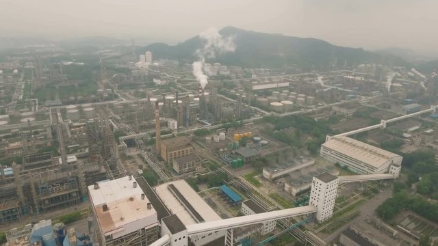Oil refinery, heavy industry, air pollution China aerial 