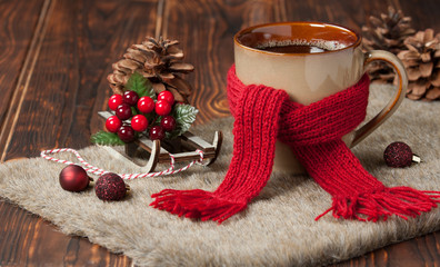 Mug Of Hot Coffee Or Tea. Natural Wool Scarf. Christmas Decorati