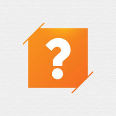 Question mark sign icon. Help symbol. FAQ sign. Orange square label on pattern. Vector