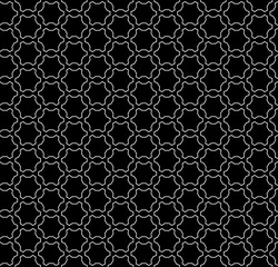 Fototapeta premium Vector monochrome seamless pattern, black & white ornamental background. Simple linear figures, lattice. Dark abstract geometric texture. Design element for prints, decoration, digital, textile, web