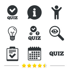 Quiz icons. Checklist with check mark symbol. Survey poll or questionnaire feedback form sign. Information, light bulb and calendar icons. Investigate magnifier. Vector