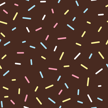 Donut glaze seamless pattern. Cream texture with topping of colorful sprinkles on chocolate background. Food bakery decoration. Vector eps8 illustration.