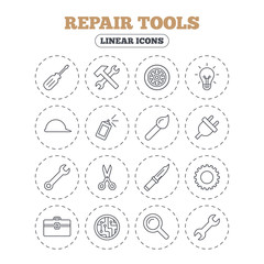 Repair tools icons. Hammer with wrench key, wheel and brush. Screwdriver, electric plug and scissors. Circuit board, magnifying glass and construction helmet. Round flat buttons with linear icons