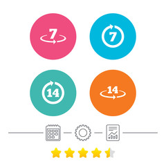 Return of goods within 7 or 14 days icons. Warranty 2 weeks exchange symbols. Calendar, cogwheel and report linear icons. Star vote ranking. Vector