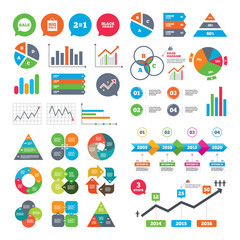 Business charts. Growth graph. Sale speech bubble icons. Two equals one. Black friday sign. Big sale shopping bag symbol. Market report presentation. Vector