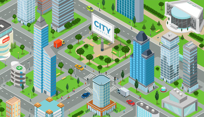 Flat isometric city road model vector. 3d buildings architecture