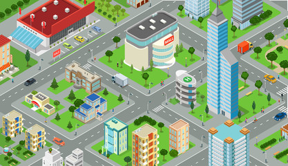 Flat isometric city road model vector. 3d buildings architecture