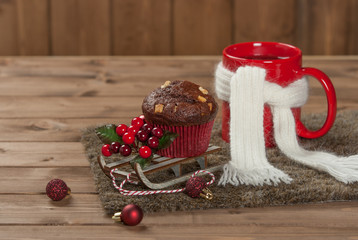 Chocolate Muffin With White Chocolate Chips. Mug Of Tea Or Coffe