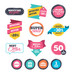 Sale stickers, online shopping. Sale speech bubble icon. Black friday gift box symbol. Big sale shopping bag. First month free sign. Website badges. Black friday. Vector