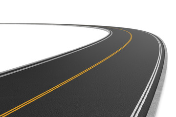 Rendering of two-way road bending to the left on white background.