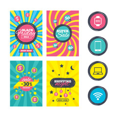 Naklejka premium Sale website banner templates. Notebook and smartphone icons. Smart watch symbol. Wi-fi sign. Wireless Network symbol. Mobile devices. Ads promotional material. Vector