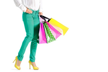 people, sale, black friday concept - woman with shopping bags
