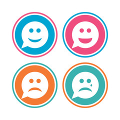 Speech bubble smile face icons. Happy, sad, cry signs. Happy smiley chat symbol. Sadness depression and crying signs. Colored circle buttons. Vector