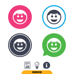 Smile face sign icon. Happy smiley with hairstyle chat symbol. Report document, information sign and light bulb icons. Vector