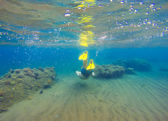 Fototapeta na wymiar Underwater landscape with snorkel and coral reef. Snorkeling man in mask swimming undersea.