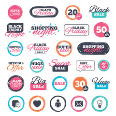 Obraz premium Sale shopping stickers and banners. Social media icons. Chat speech bubble and Mail messages symbols. Love heart sign. Human person profile. Website badges. Black friday. Vector