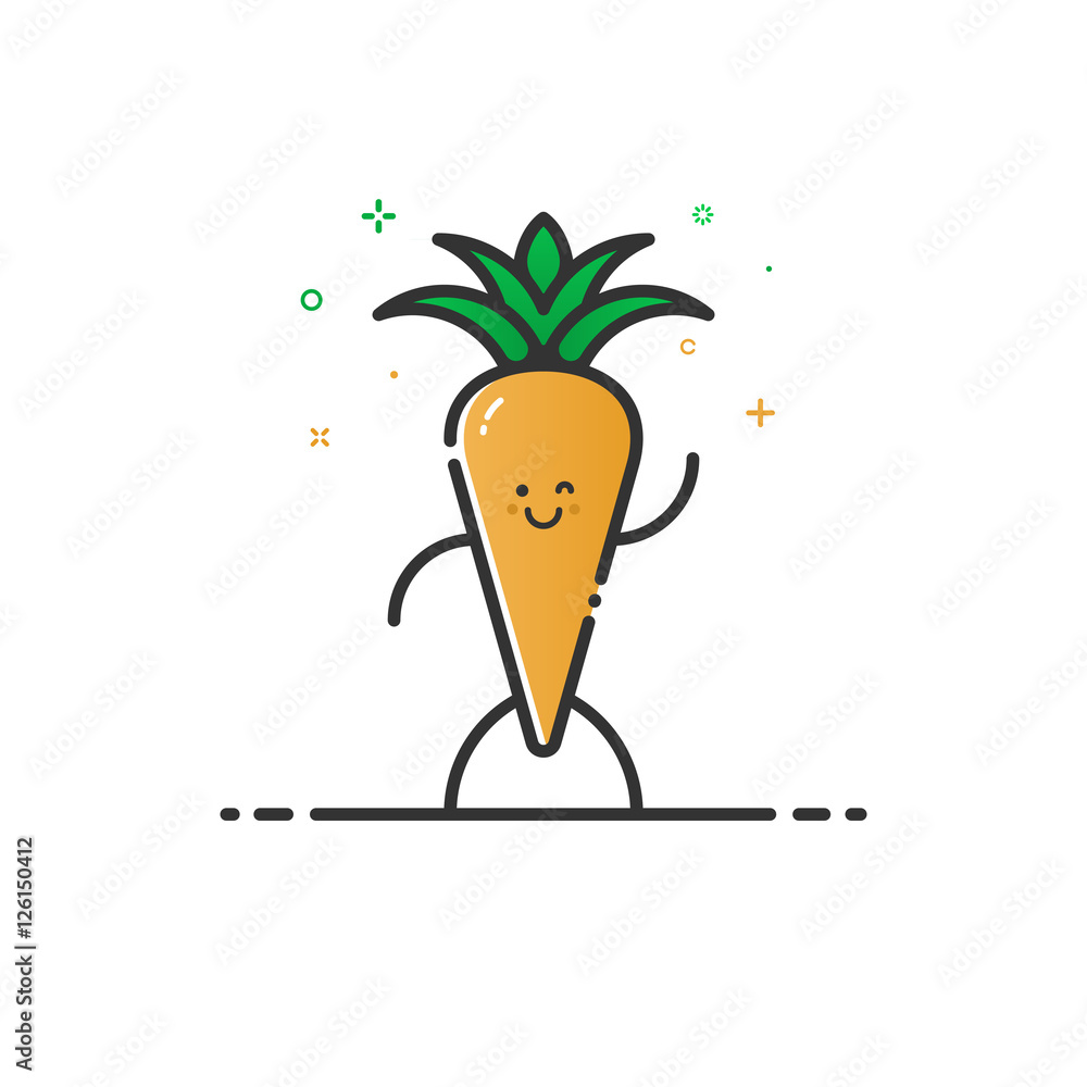 Poster vector illustration of funny carrot character cartoon isolated in line style. linear orange cute veg