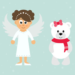 cartoon christmas angel and winter bear