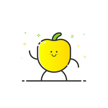 Vector illustration of funny pepper character cartoon isolated in line style. Linear yellow cute vegetable icon with face smile. Flat design for banner web page and mobile app Outline vegan expression