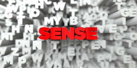 SENSE -  Red text on typography background - 3D rendered royalty free stock image. This image can be used for an online website banner ad or a print postcard.