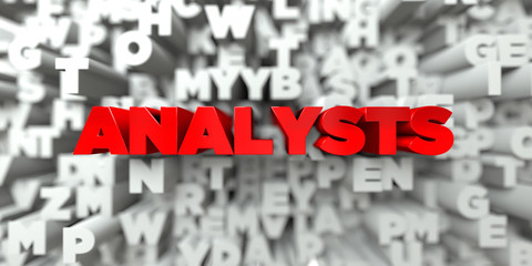 ANALYSTS -  Red text on typography background - 3D rendered royalty free stock image. This image can be used for an online website banner ad or a print postcard.