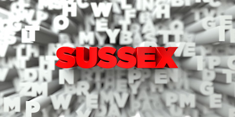 SUSSEX -  Red text on typography background - 3D rendered royalty free stock image. This image can be used for an online website banner ad or a print postcard.