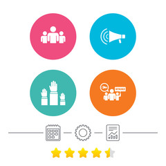 Strike group of people icon. Megaphone loudspeaker sign. Election or voting symbol. Hands raised up. Calendar, cogwheel and report linear icons. Star vote ranking. Vector