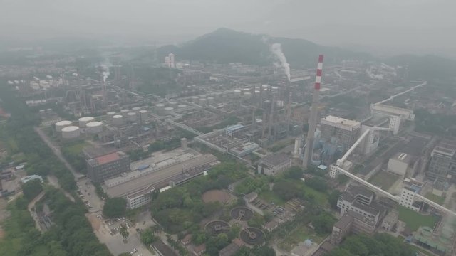 Aerial drone shot of an oil refinery in China