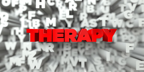 THERAPY -  Red text on typography background - 3D rendered royalty free stock image. This image can be used for an online website banner ad or a print postcard.