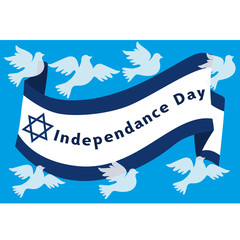 Israel Independence Day. Holiday banner concept. Jewish celebration background. Greeting card with symbols of Israel flag, doves, Jewish star in Blue and White. Happy party layout. Vector illustration