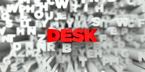 DESK -  Red text on typography background - 3D rendered royalty free stock image. This image can be used for an online website banner ad or a print postcard.