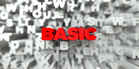 BASIC -  Red text on typography background - 3D rendered royalty free stock image. This image can be used for an online website banner ad or a print postcard.