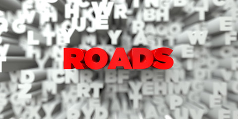 ROADS -  Red text on typography background - 3D rendered royalty free stock image. This image can be used for an online website banner ad or a print postcard.