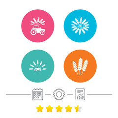 Tractor icons. Wreath of Wheat corn signs. Agricultural industry transport symbols. Calendar, cogwheel and report linear icons. Star vote ranking. Vector