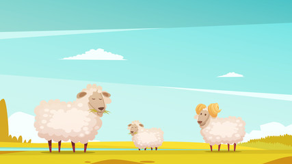 Sheep Grazing On Farmland Cartoon Poster