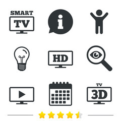 Smart TV mode icon. Widescreen symbol. High-definition resolution. 3D Television sign. Information, light bulb and calendar icons. Investigate magnifier. Vector