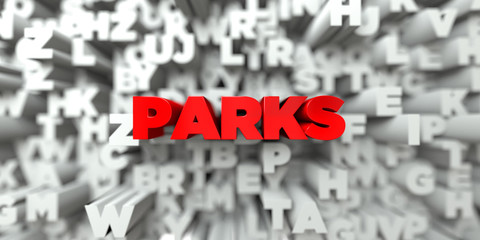 PARKS -  Red text on typography background - 3D rendered royalty free stock image. This image can be used for an online website banner ad or a print postcard.