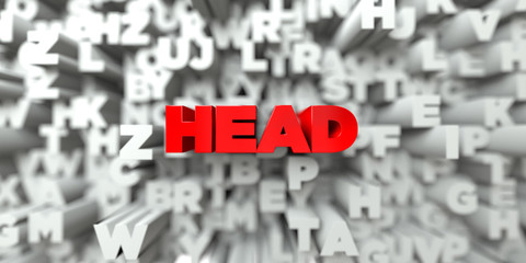 HEAD -  Red text on typography background - 3D rendered royalty free stock image. This image can be used for an online website banner ad or a print postcard.