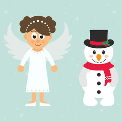 cartoon christmas angel and snowman