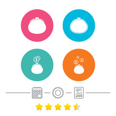 Wallet with coins icons. Cash bag signs. Retro wealth symbol. Calendar, cogwheel and report linear icons. Star vote ranking. Vector