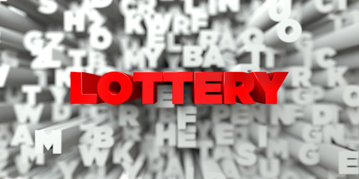 LOTTERY -  Red text on typography background - 3D rendered royalty free stock image. This image can be used for an online website banner ad or a print postcard.