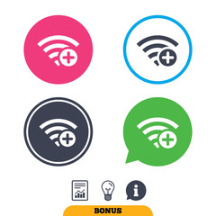 Wifi plus sign. Add Wi-fi symbol. Wireless Network icon. Wifi zone. Report document, information sign and light bulb icons. Vector