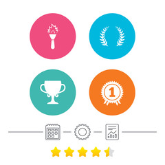 First place award cup icons. Laurel wreath sign. Torch fire flame symbol. Prize for winner. Calendar, cogwheel and report linear icons. Star vote ranking. Vector