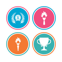 First place award cup icons. Laurel wreath sign. Torch fire flame symbol. Prize for winner. Colored circle buttons. Vector