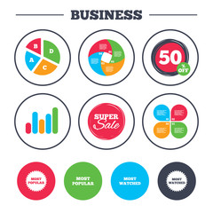 Business pie chart. Growth graph. Most popular star icon. Most watched symbols. Clients or users choice signs. Super sale and discount buttons. Vector
