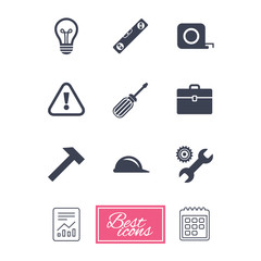 Repair, construction icons. Engineering, helmet and screwdriver signs. Lamp, electricity and attention symbols. Report document, calendar icons. Vector
