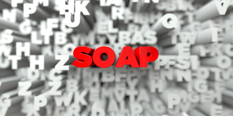 SOAP -  Red text on typography background - 3D rendered royalty free stock image. This image can be used for an online website banner ad or a print postcard.