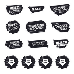 Ink brush sale stripes and banners. Sale arrow tag icons. Discount special offer symbols. 50%, 60%, 70% and 80% percent off signs. Black friday. Ink stroke. Vector