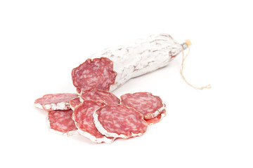 slices of salami isolated on a white