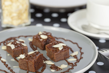 Fototapeta na wymiar Chocolate brownies topped with sauce and almond slices